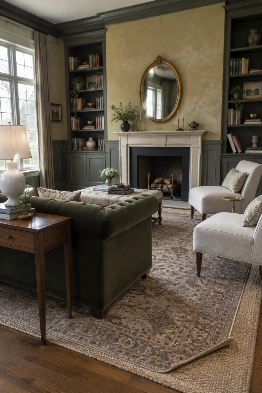 A living room with textured plaster walls above a fireplace, dark green built-in bookshelves on both sides, a green tufted sofa, and light upholstered chairs on a patterned rug.