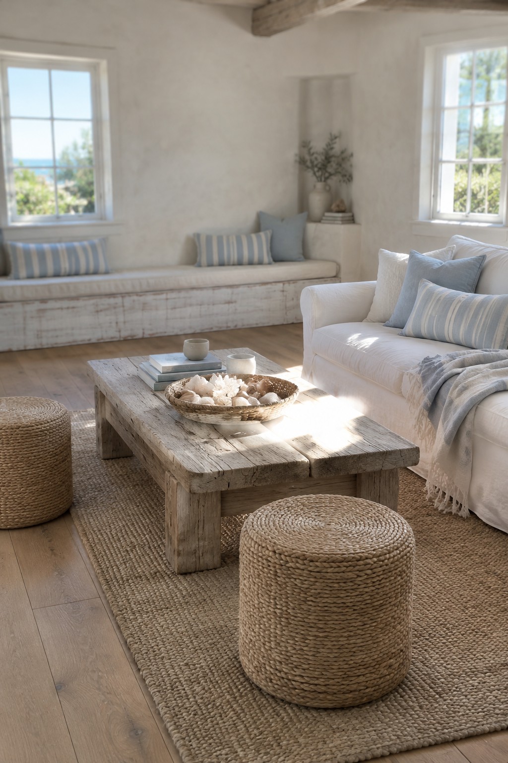 A bright living room with white textured plaster walls, a white sofa with blue striped pillows, a rustic wooden coffee table, and woven stools on a large jute rug.
