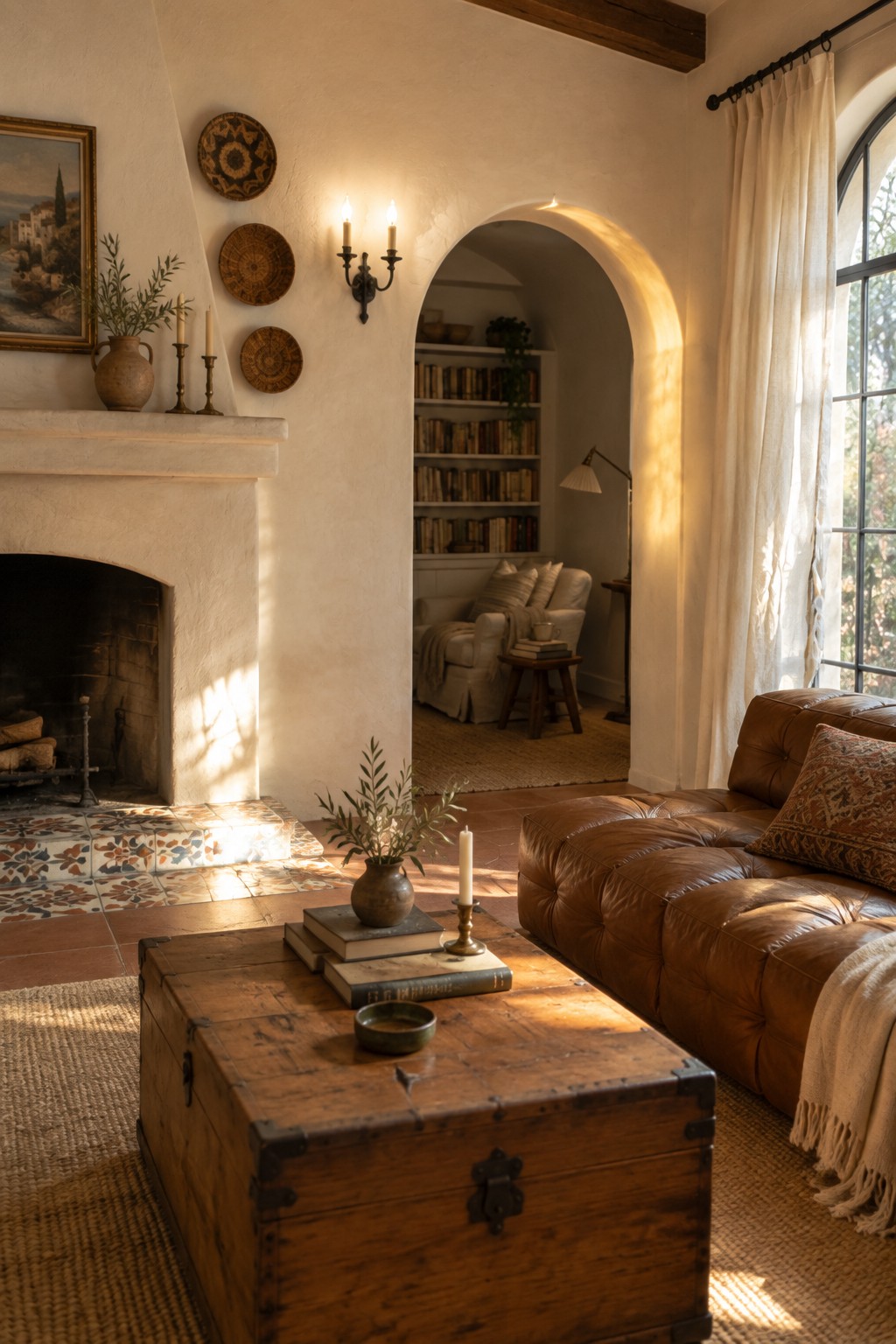 A living room with rough white plaster walls, a brown leather sofa, a wooden trunk coffee table, and an arched doorway opening to a bookshelf-lined room.