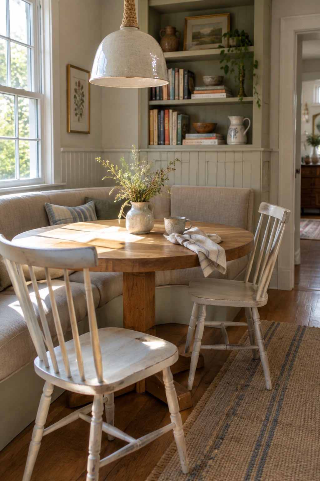 A round wooden dining table set in a corner with a built-in beige upholstered bench, two white spindle-back chairs, a ceramic vase with greenery, and a white pendant light above, next to a bookshelf in a light neutral room.