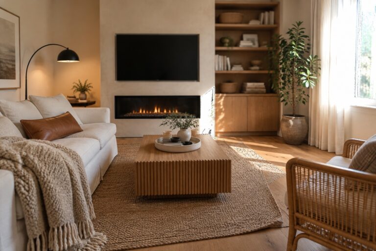 20 Warm Modern Interior Design Ideas Using Layered Neutral Textures A living room with a white sofa, wooden coffee table on a woven rug, built-in wood shelves, a fireplace, and a potted tree near a window.