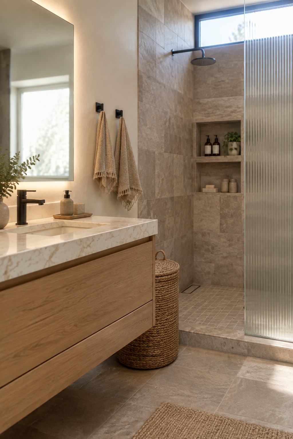 A modern bathroom with a floating wood vanity, marble countertop and sink, stone tiled shower, and a woven basket on the floor.