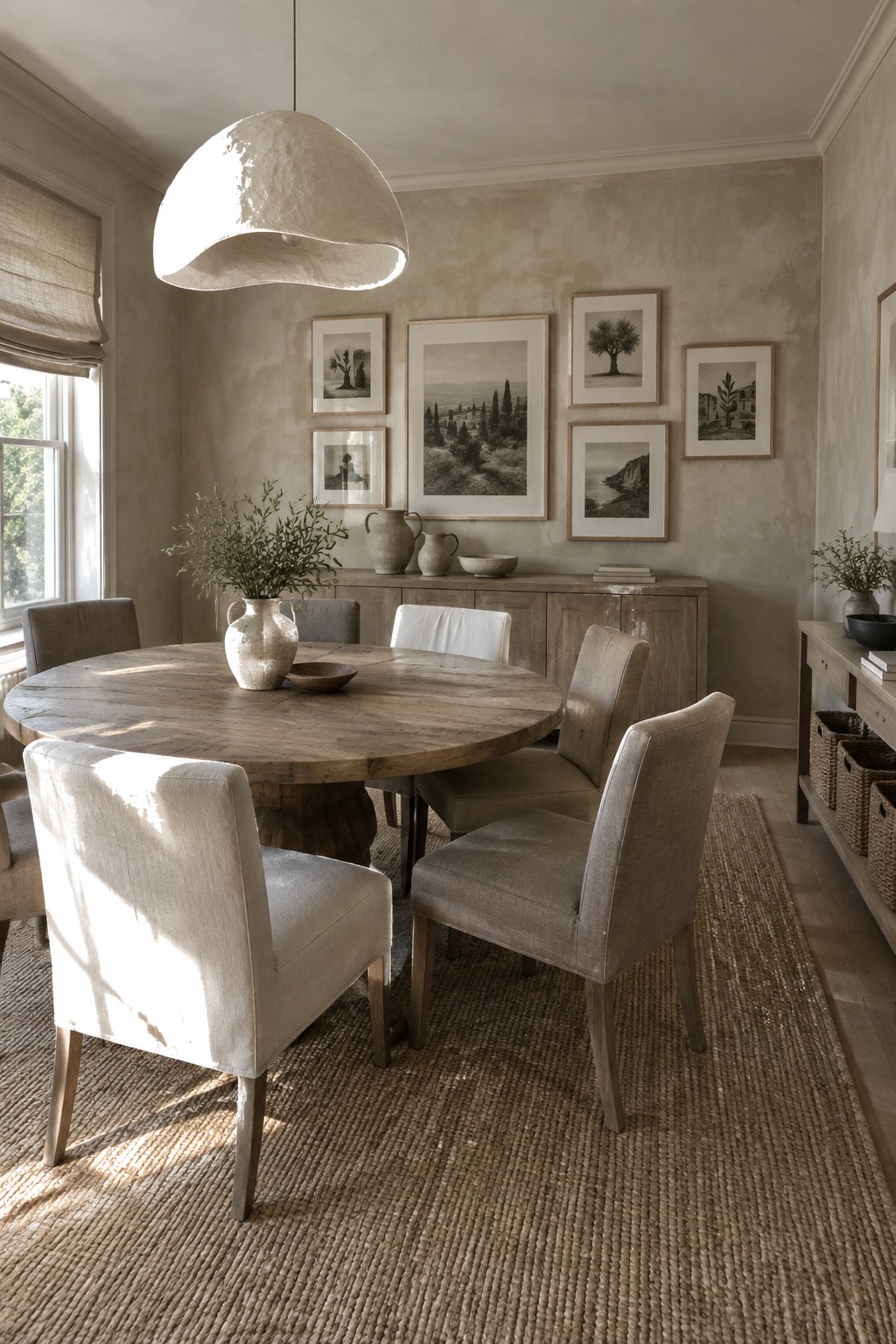 A round wooden dining table with upholstered chairs sits on a large jute rug in a neutral room featuring a sculptural pendant light and a gallery wall of framed black and white photographs.