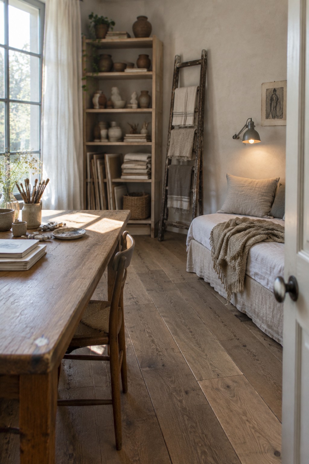 A sunlit interior room with a wooden table and chair, a bed with neutral linens, and wooden shelves holding pottery and books.