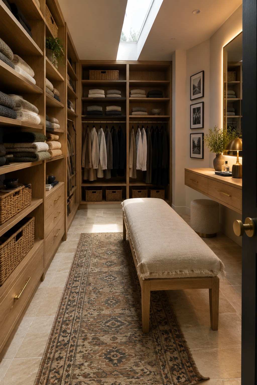 A narrow walk-in closet featuring light wood built-in shelves filled with folded neutral textiles and clothing, a long upholstered bench on a patterned runner rug, and a vanity area with a mirror on the right side.