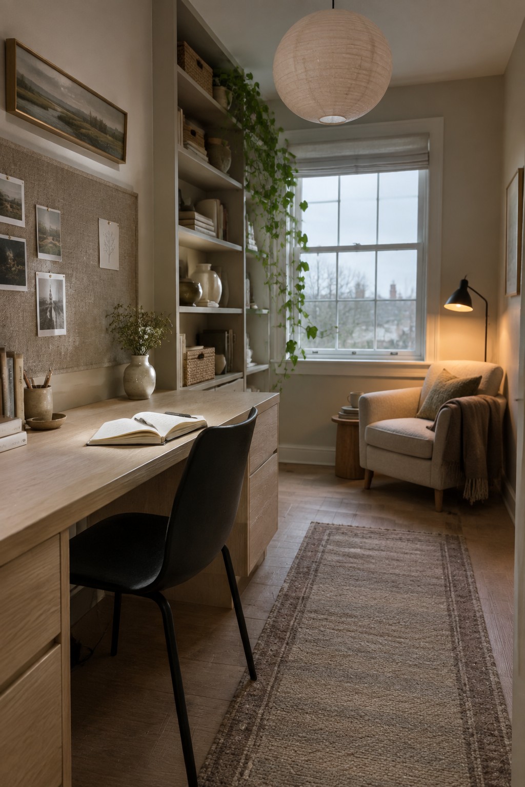 A home office with a light wood desk, black chair, built-in shelves, beige armchair by a window, and long woven rug on the floor.