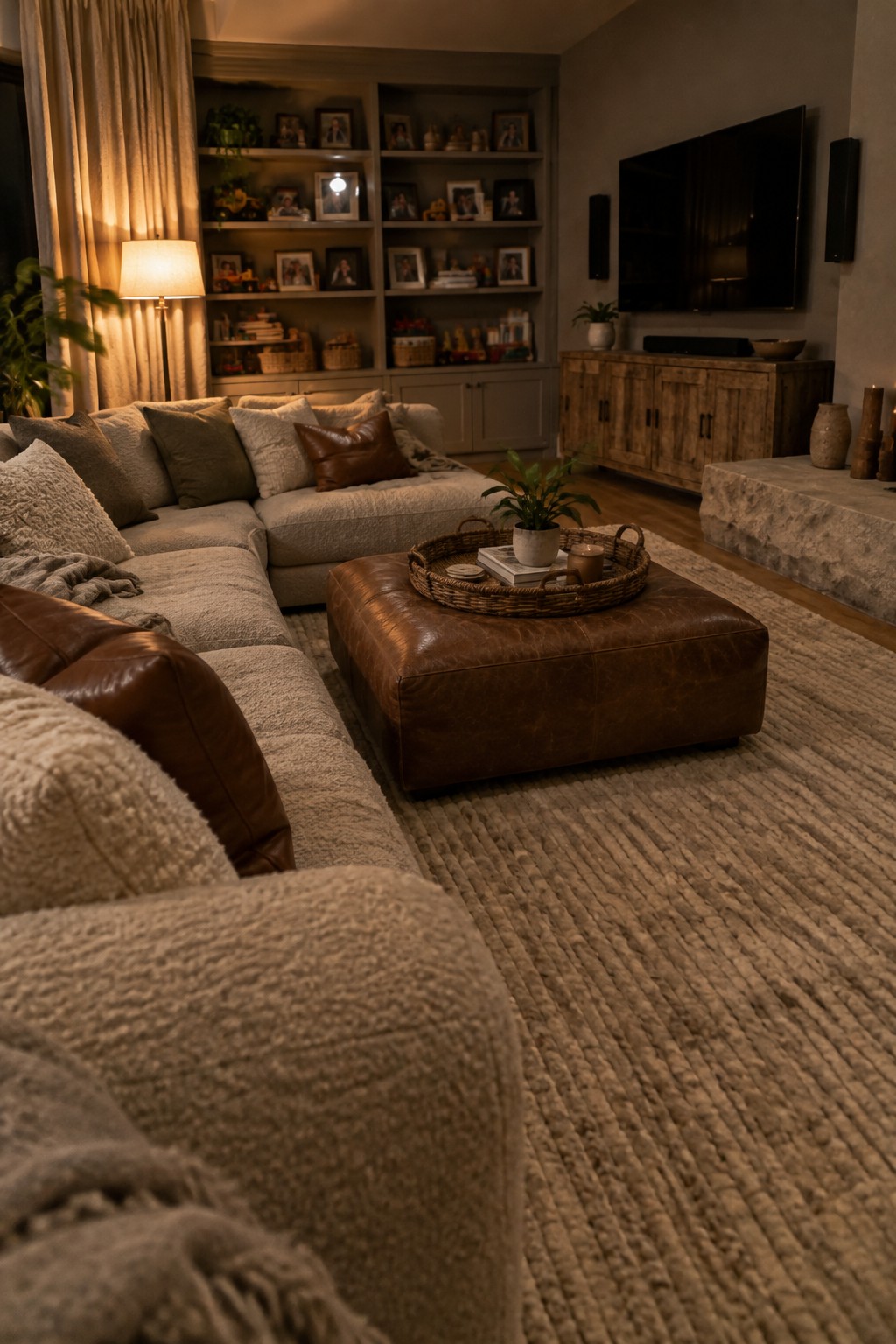 A living room featuring a large neutral sectional sofa, brown leather ottoman with woven tray, built-in bookshelves with framed photos, and a textured area rug.