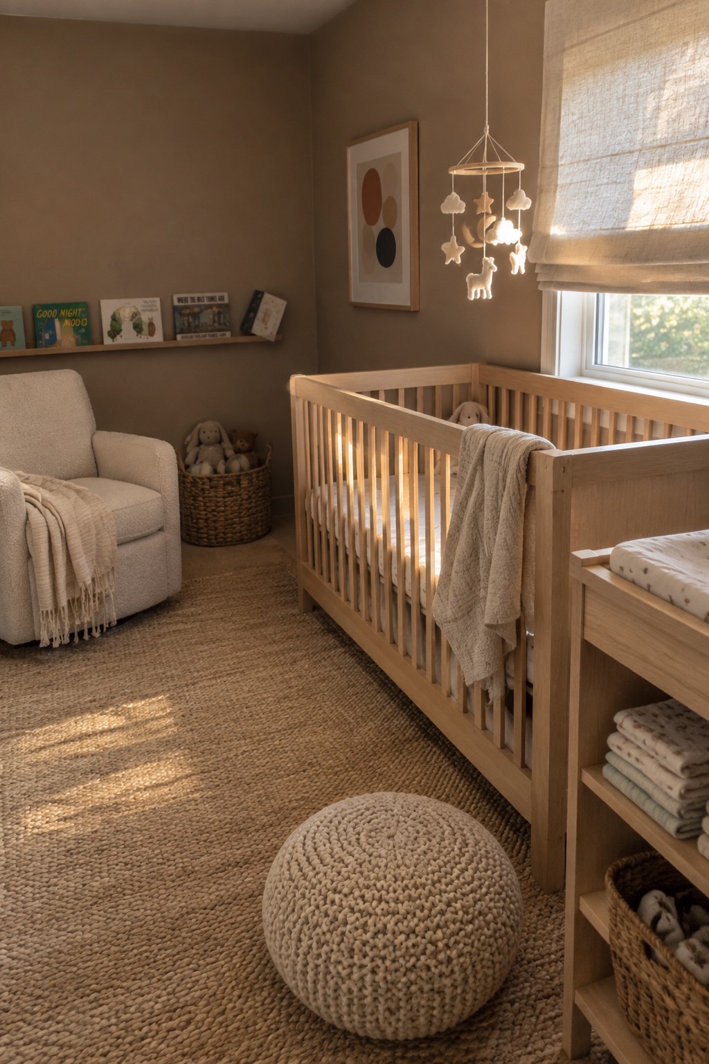 Cozy beige nursery with wooden crib, cloud mobile, armchair, and woven rug.