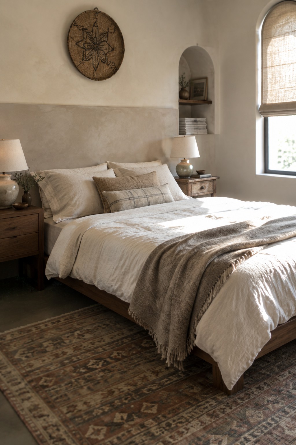 A bedroom with a wooden bed dressed in layered white and beige linens, a brown wool throw, and neutral pillows, set against a textured wall with a round woven hanging above.