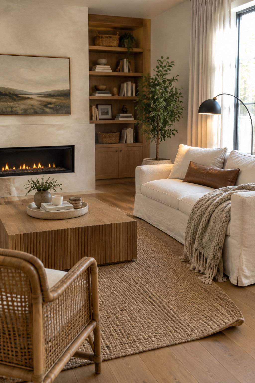 A living room with a white sofa, wooden coffee table on a woven rug, built-in wood shelves, a fireplace, and a potted tree near a window.