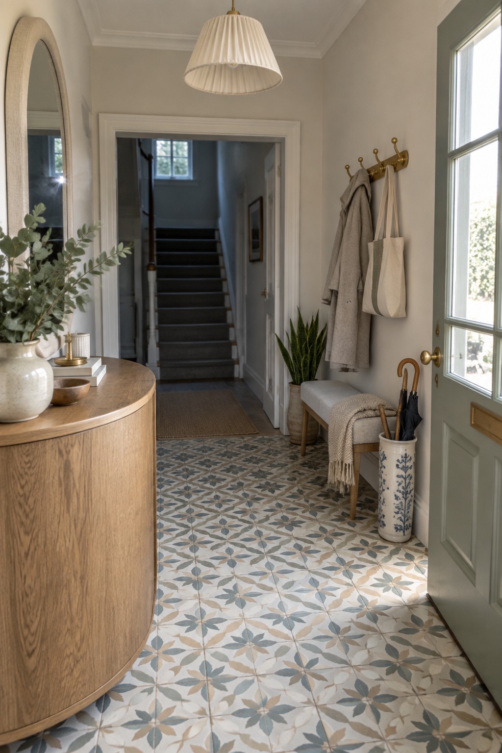 Elegant entryway with leaf-patterned tiles, curved oak console, coat rack, and bench