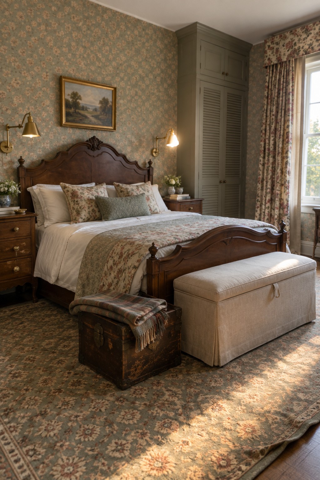 Elegant bedroom with floral wallpaper, wooden bed, patterned rug, and antique trunk.