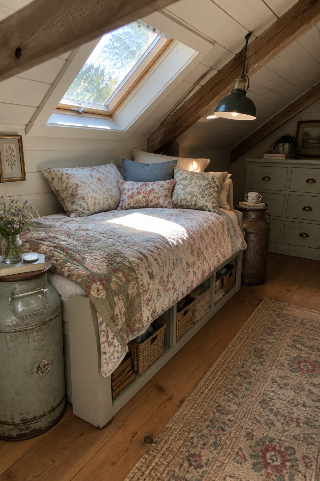 An attic bedroom featuring a bed with built-in under-bed cubbies holding wicker baskets, floral bedding, a skylight above, and two vintage milk cans serving as nightstands.