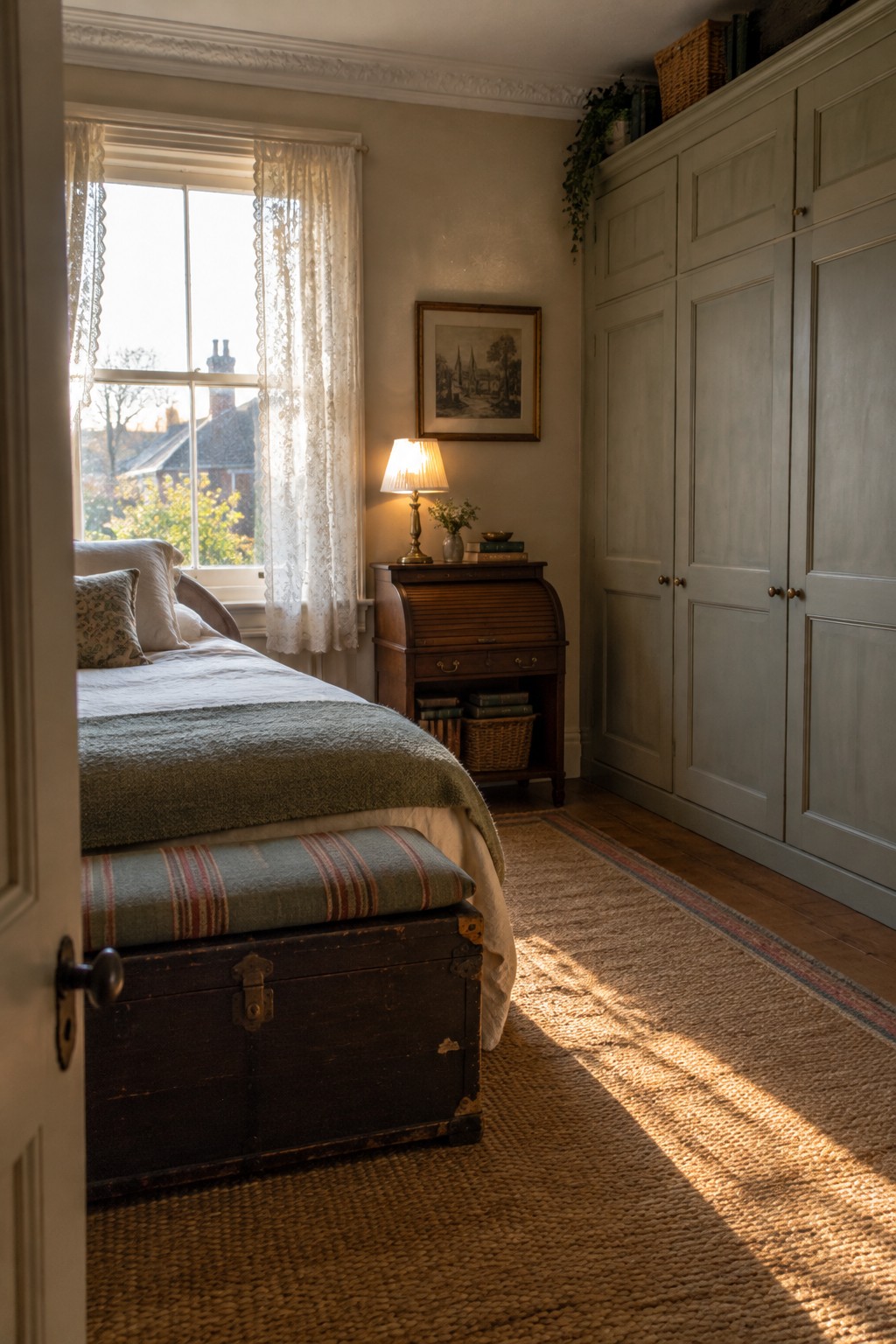 A sunlit bedroom interior showing a bed with a green blanket, a dark wooden trunk at the foot, a roll-top wooden cabinet with a lamp, and a tall sage green wardrobe along the right wall.