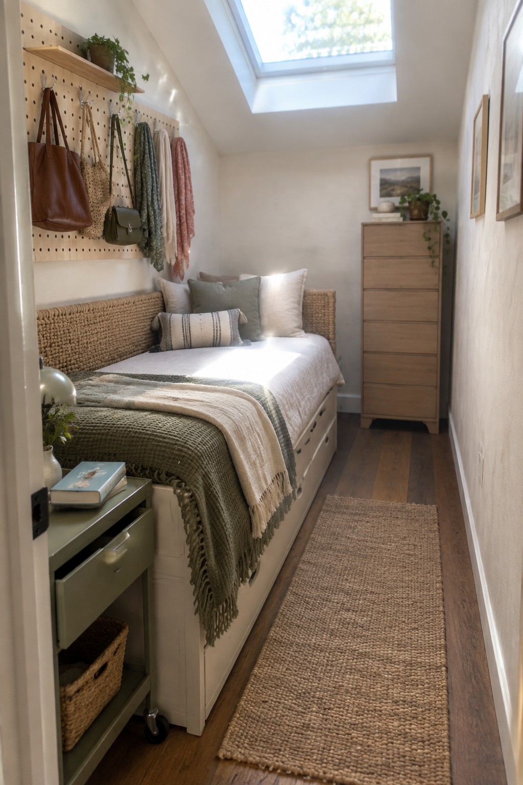 A narrow guest bedroom with a white daybed against a pegboard wall holding bags and textiles, a wooden dresser, and a jute runner on the floor.
