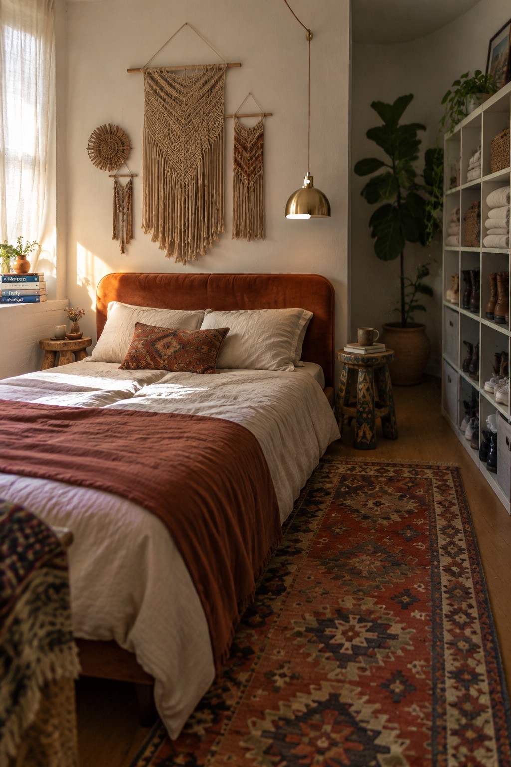 A bedroom interior with a rust-colored upholstered bed, white linens, macrame wall hangings, a brass pendant light, a patterned rug, and white open shelving on the right side.
