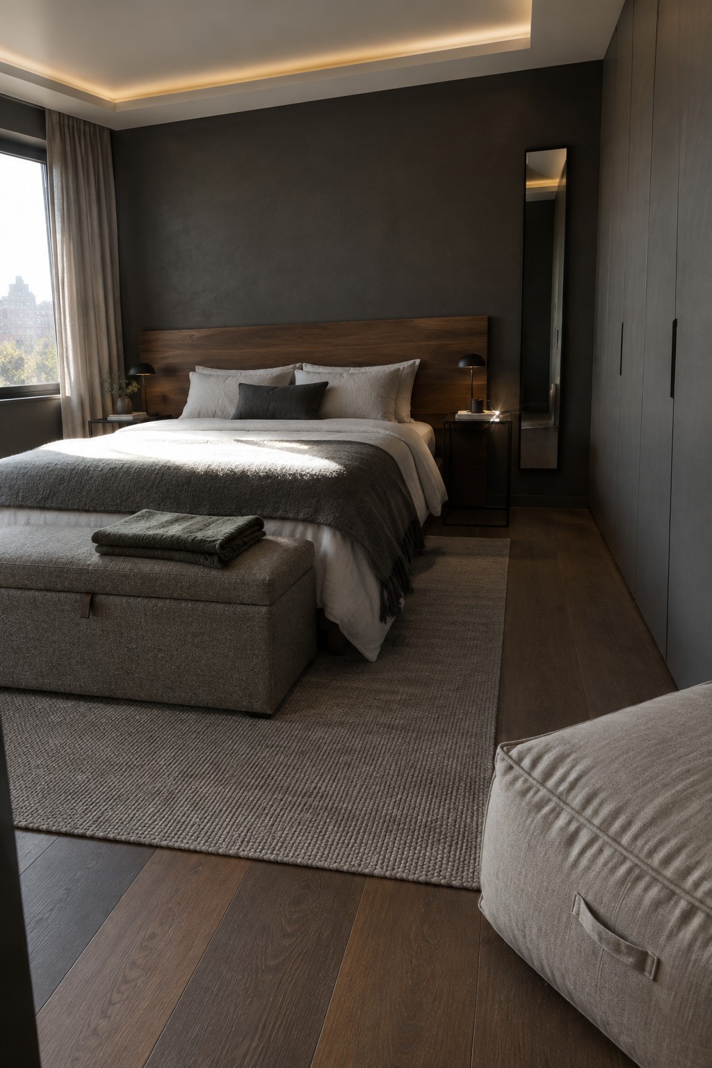 Modern bedroom with dark walls, wooden bed, gray rug, and sunlit bedding