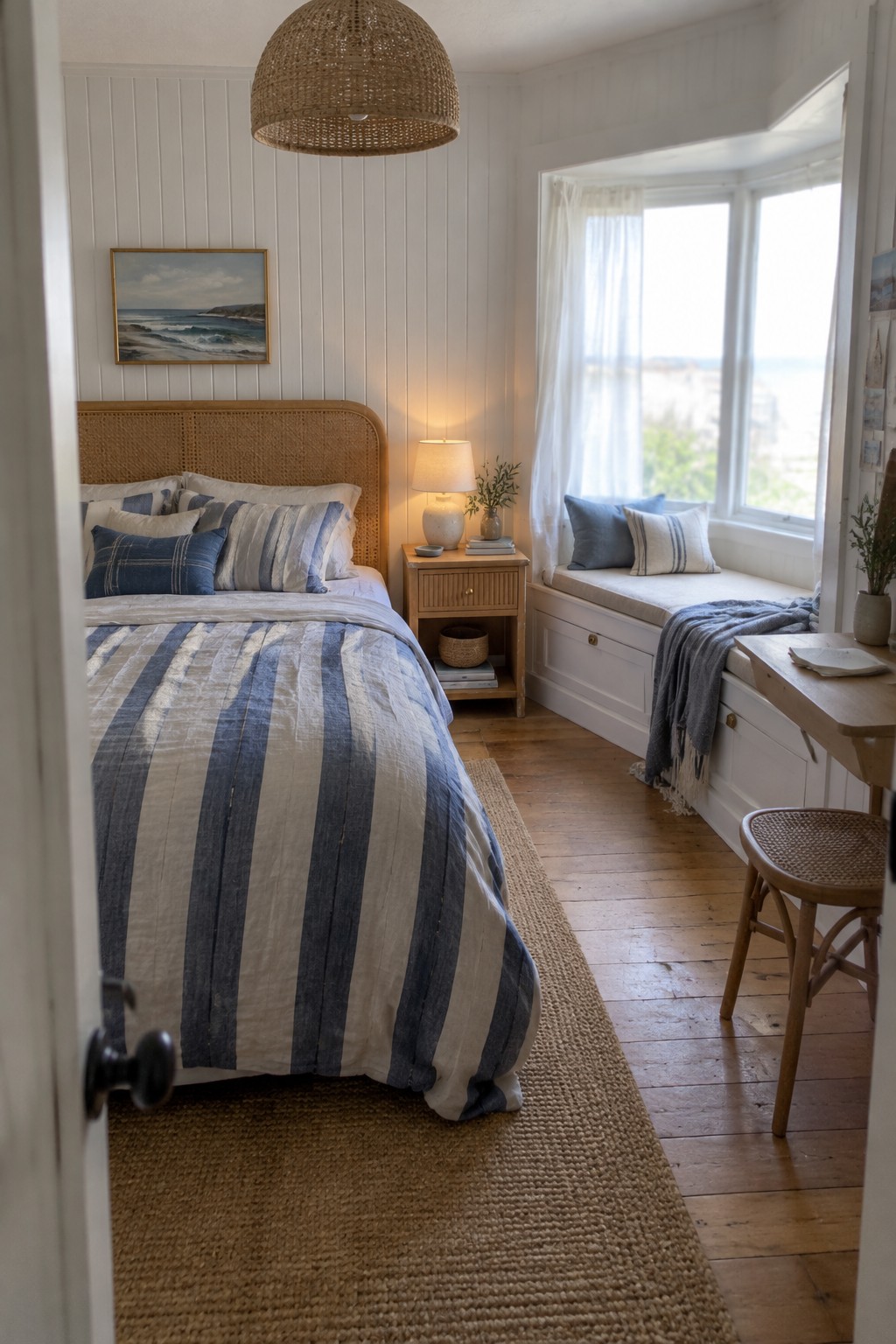 A bedroom interior with a striped duvet on a wooden bed, a nightstand with drawers, and a white built-in window seat with blue pillows and folded blankets.