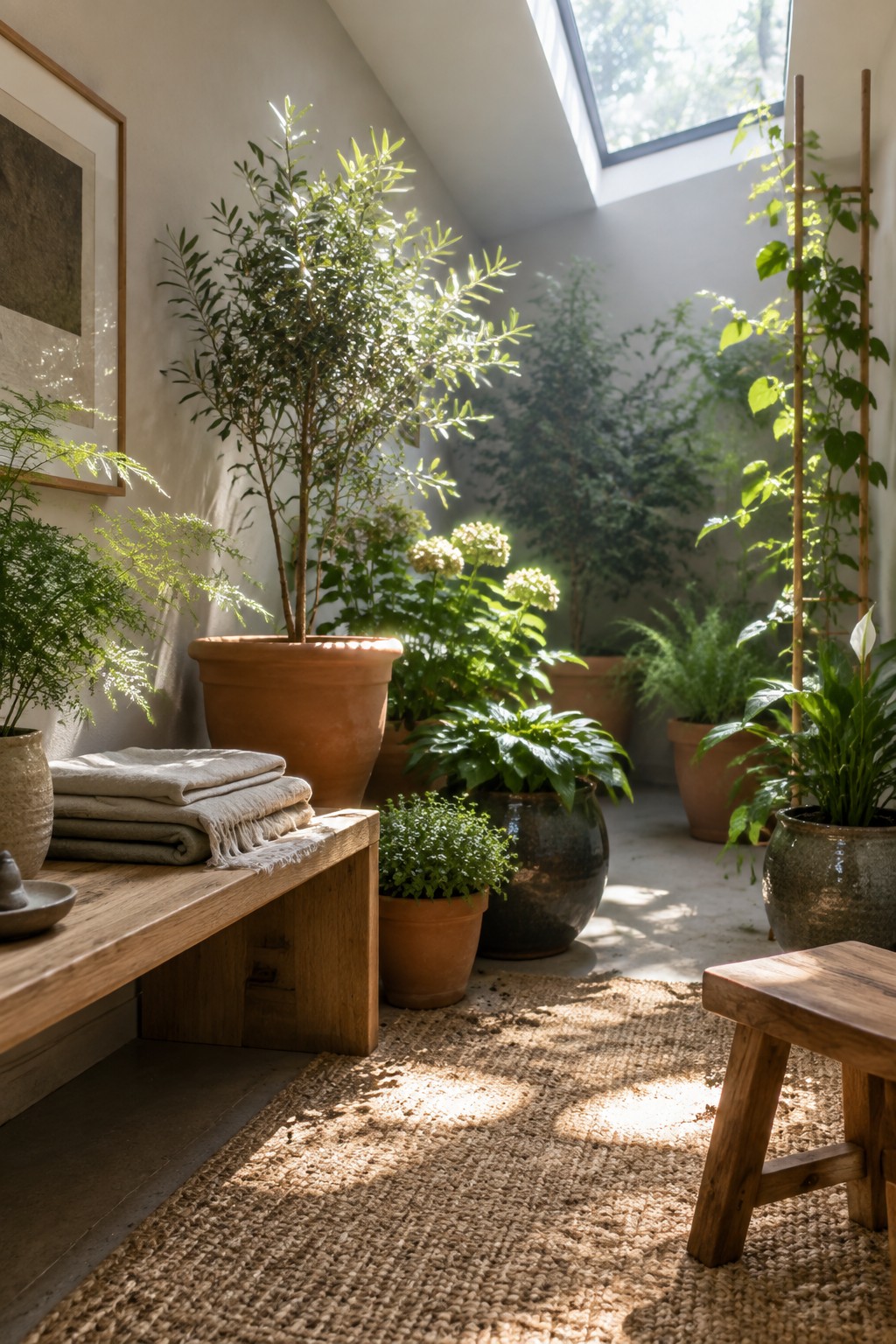 Sunlit room with lush potted plants, wooden bench, stool, and woven rug.