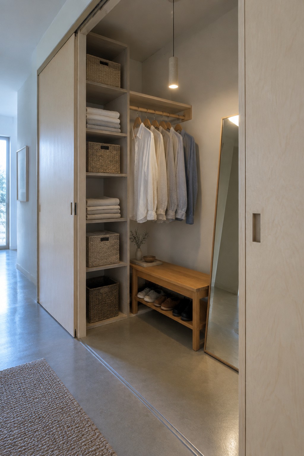 Light wood built-in closet with open shelves holding folded textiles and woven baskets, a hanging rod with clothes, a wooden bench with shoes below, and a tall mirror leaning on the right wall.