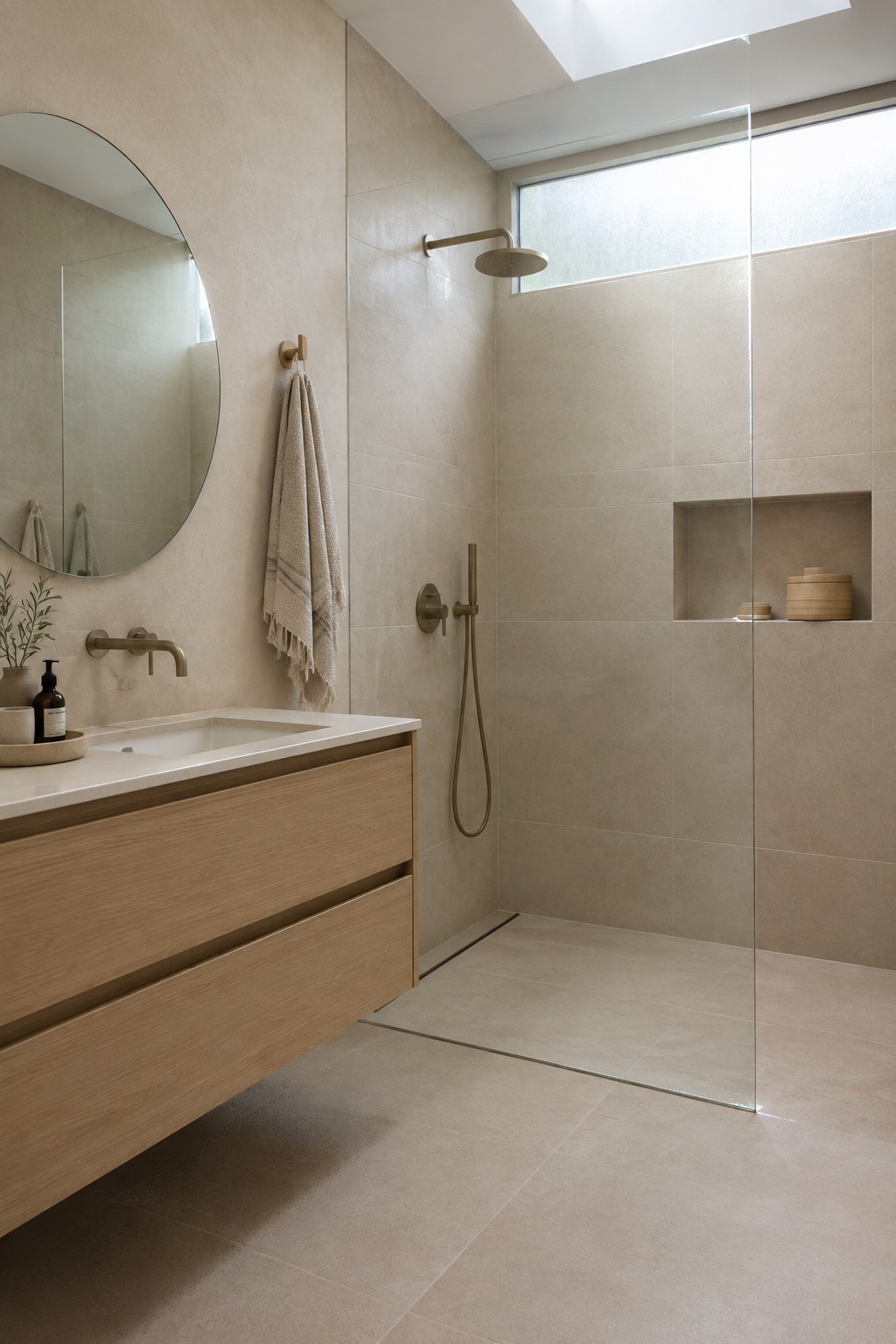 A bathroom interior showing a floating light wood vanity with integrated sink, a round wall mirror above it, and a beige tiled shower area with a hanging towel on a hook.