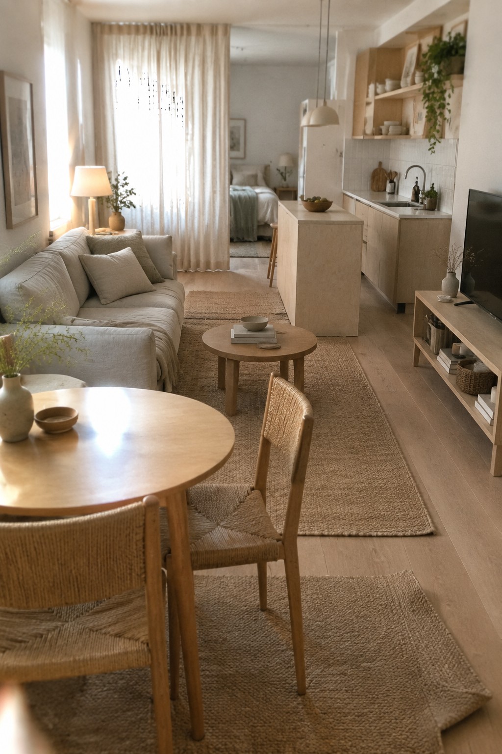 Cozy minimalist living space with beige sofa, round wooden table, woven chairs, and kitchen