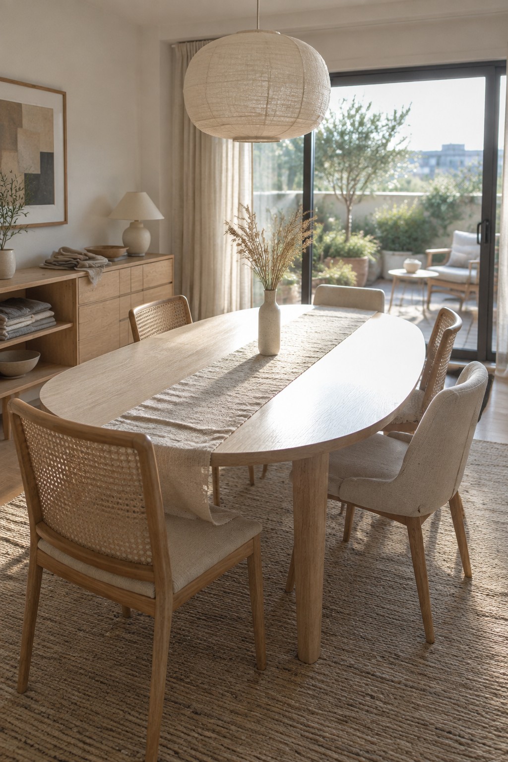Modern dining room with oval wooden table, cane chairs, and woven pendant light