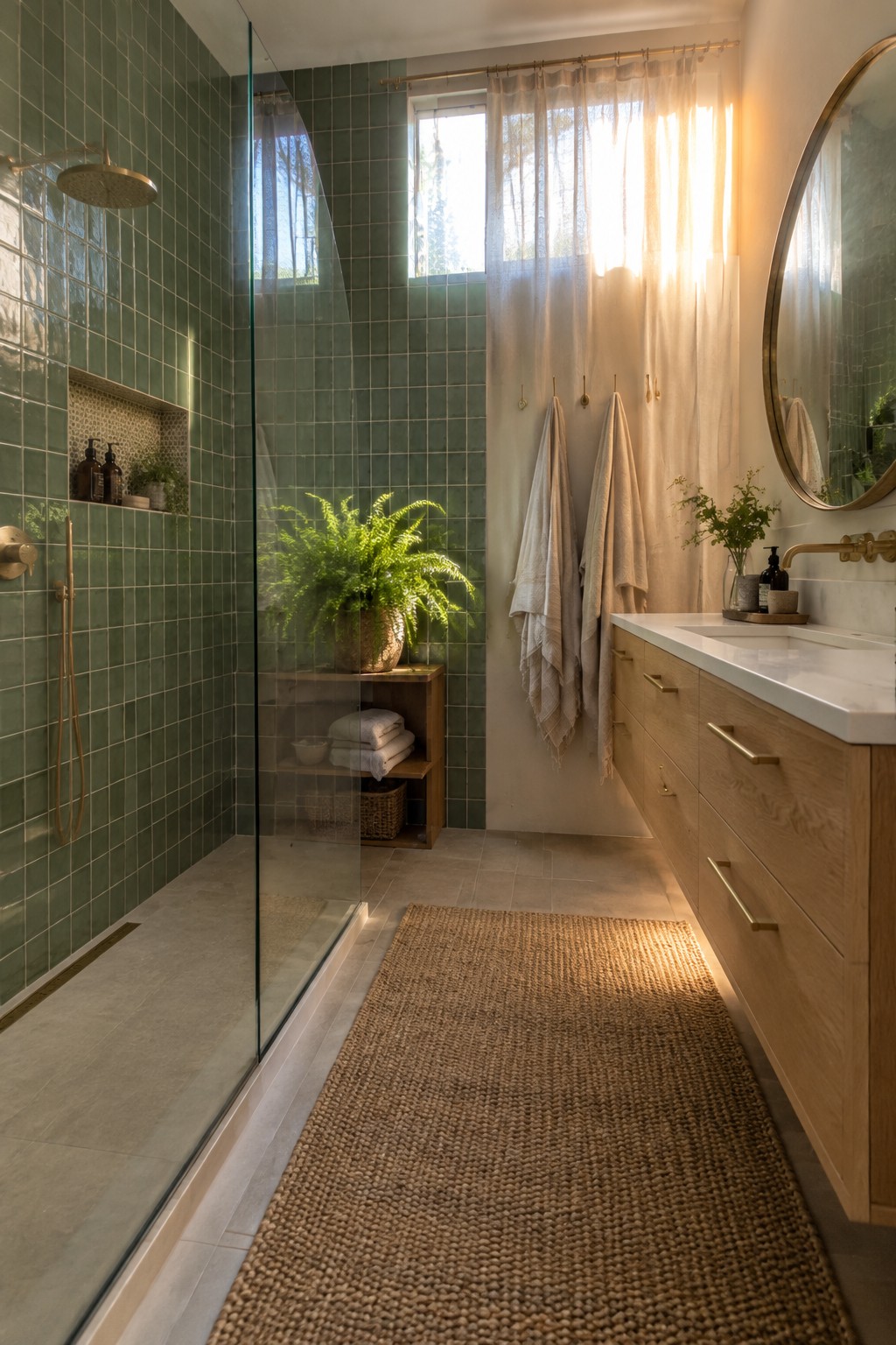 A bathroom interior showing a green tiled walk-in shower with glass partition, a wooden storage unit holding towels and a fern, and a light wood vanity with white countertop on the right.