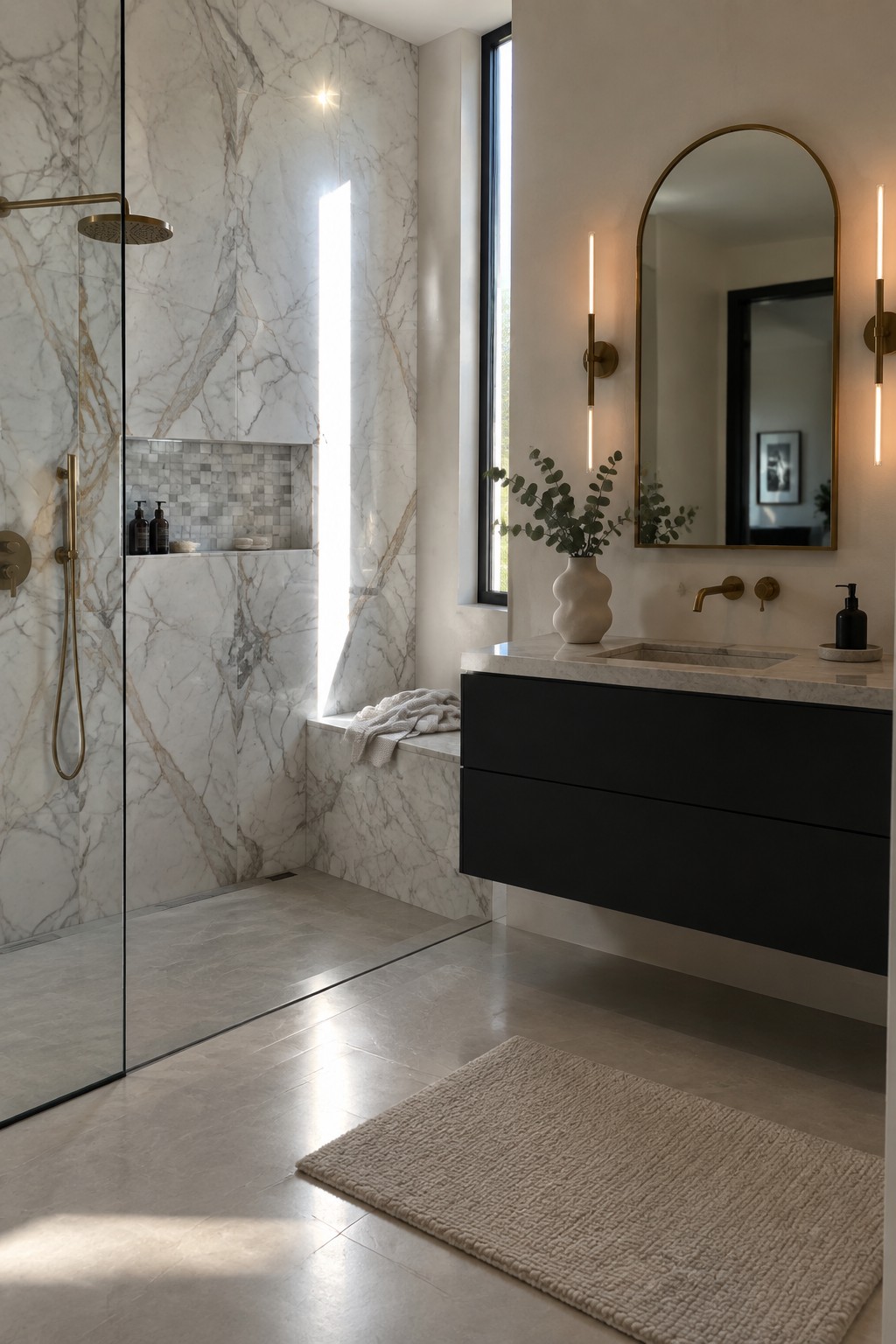 A modern bathroom with a large marble walk-in shower featuring a built-in bench, niche, and brass fixtures, next to a floating black vanity with marble countertop.