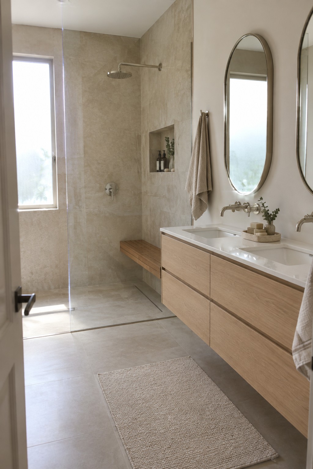 A modern bathroom with a large walk-in shower featuring beige tiles, a rainfall showerhead, a built-in wooden bench, and a floating light wood vanity with double sinks and oval mirrors.