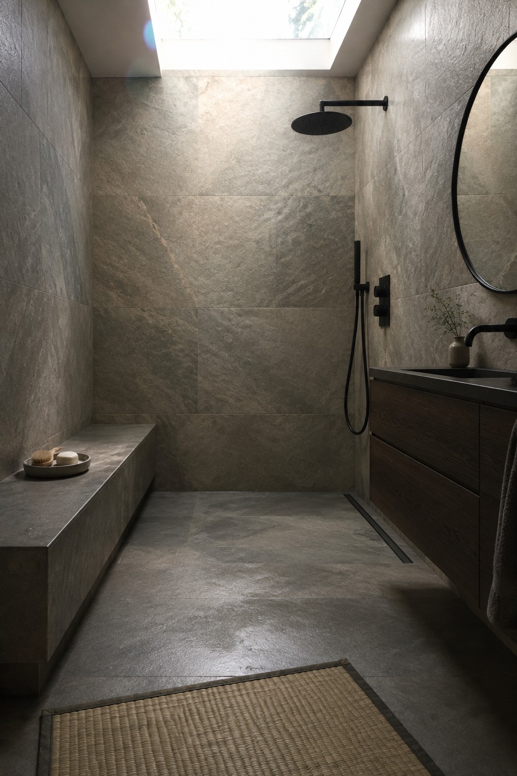 Modern bathroom with gray stone tiles, black shower, wooden vanity, skylight and woven rug