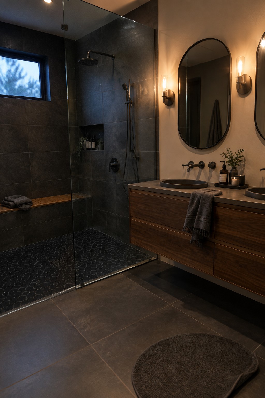 Modern dark bathroom with glass shower, floating wood vanity, dual sinks, and round mirrors
