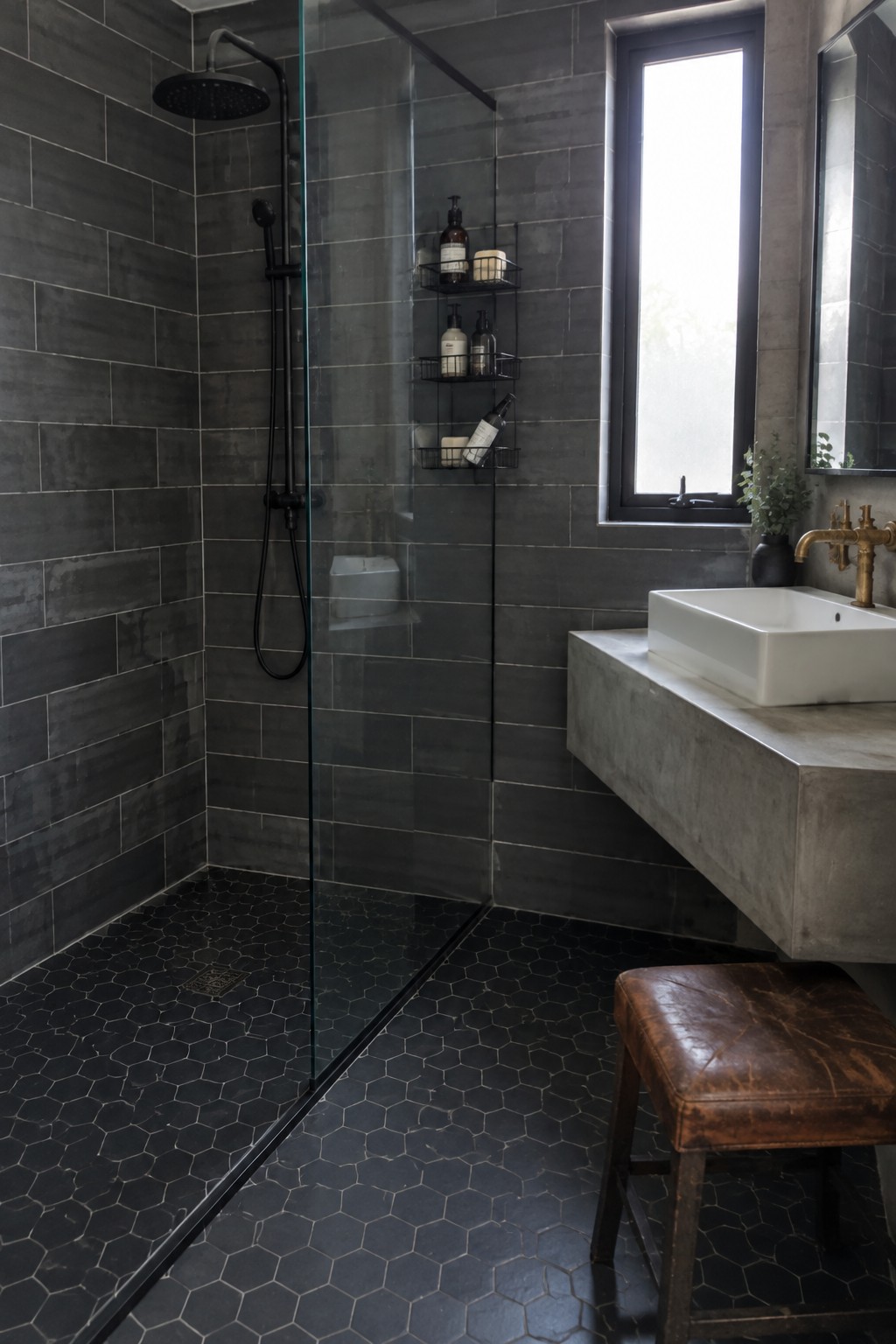 Modern dark-tiled bathroom with glass shower, concrete vanity, white sink, and leather stool.