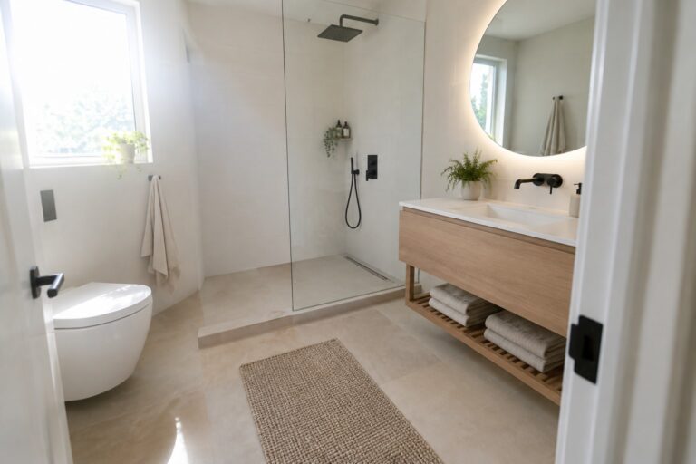 21 Beautiful Bathroom Interiors Featuring Walk-In Showers Modern bathroom with glass shower, floating wood vanity, round lit mirror, and woven rug