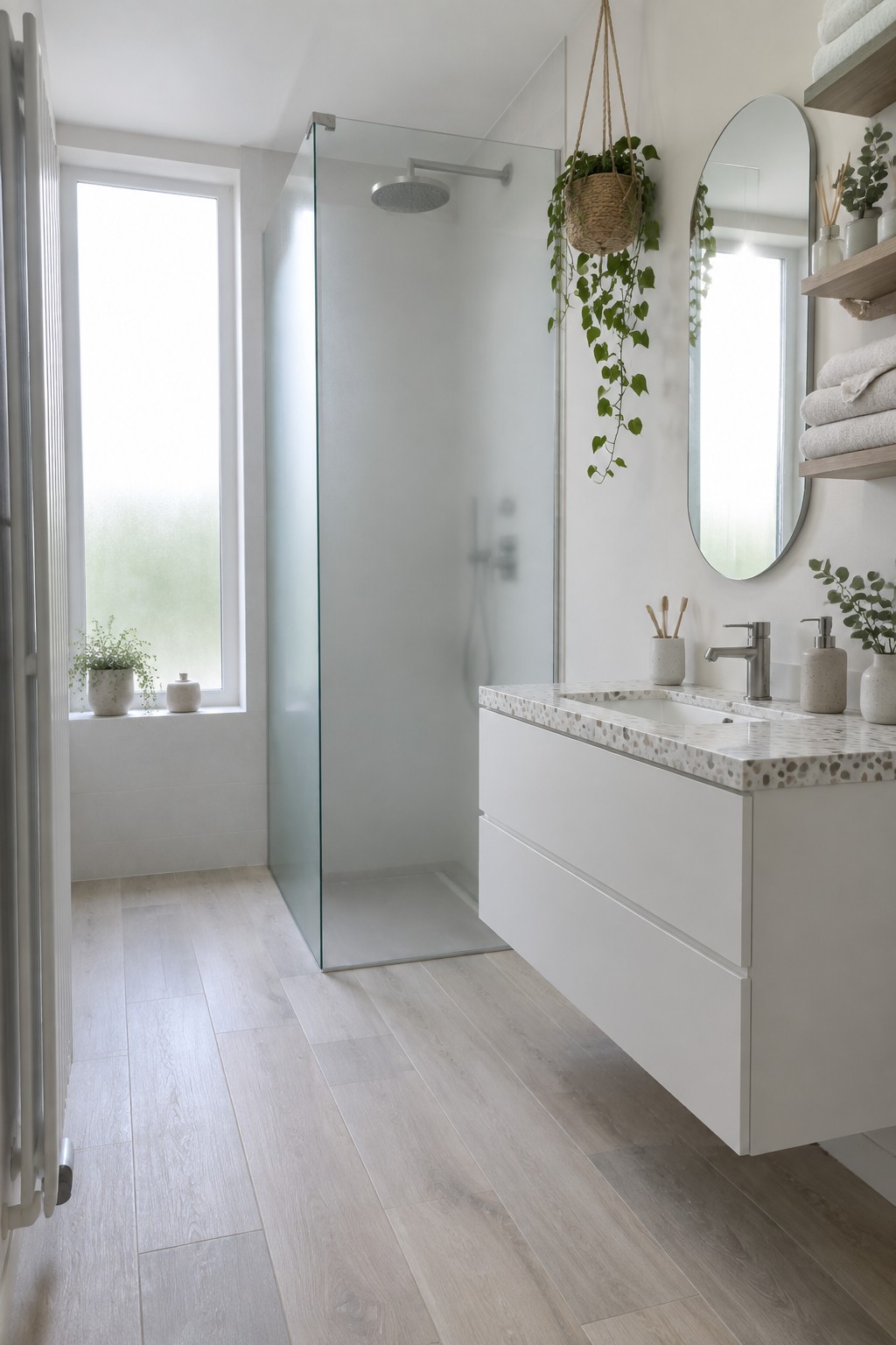 A modern bathroom interior showing a glass walk-in shower on the left, a floating white vanity with terrazzo countertop and integrated sink on the right, an oval mirror above it, light wood flooring, and a hanging plant near the shower.