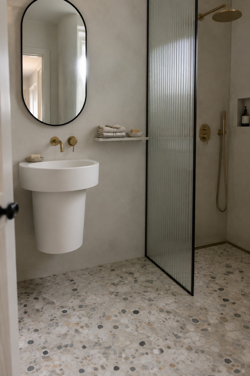 A bathroom interior with a white wall-mounted sink, brass faucet, oval mirror, and a walk-in shower enclosed by a black-framed fluted glass panel on a terrazzo floor.