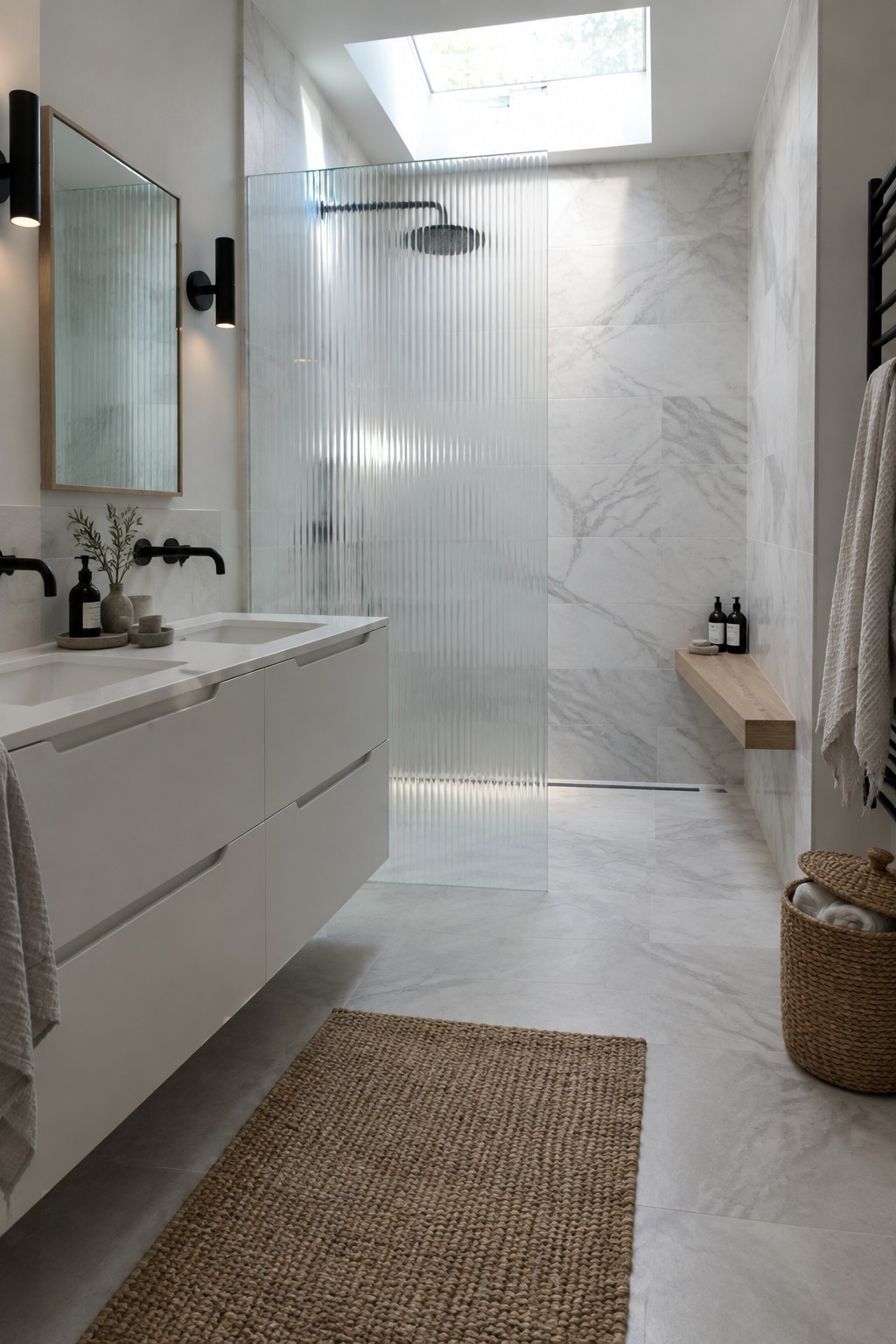 A modern bathroom with white marble tile, a floating white vanity, black fixtures, a walk-in shower with a fluted glass partition, and a skylight overhead.
