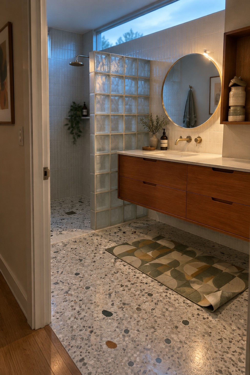 A modern bathroom with a walk-in shower separated by a glass block wall, a floating wooden vanity, round mirror, and terrazzo flooring.