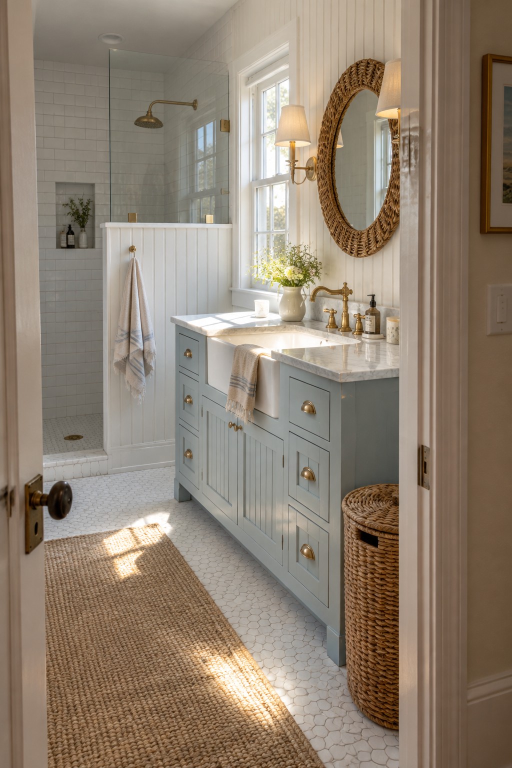 A bathroom with a light blue vanity, white marble countertop, farmhouse sink, and a walk-in shower featuring a glass panel and white beadboard half-wall on hexagonal tile flooring.