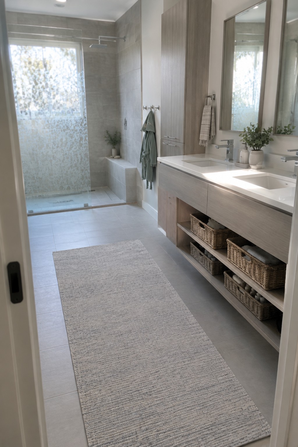 A modern bathroom with a large walk-in shower on the left, a long floating wood vanity with double sinks and open lower shelves holding woven baskets, and a gray runner rug on the tile floor.