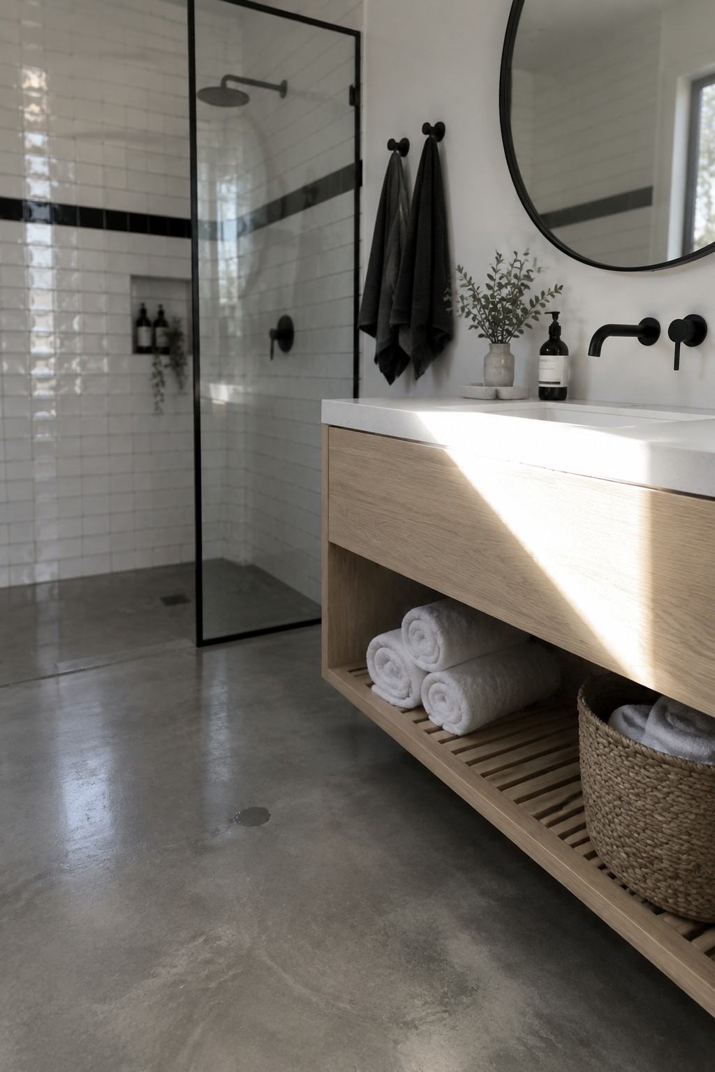 A modern bathroom interior showing a walk-in shower with black-framed glass and white tile, next to a light wood floating vanity with open shelving holding rolled white towels and a woven basket.