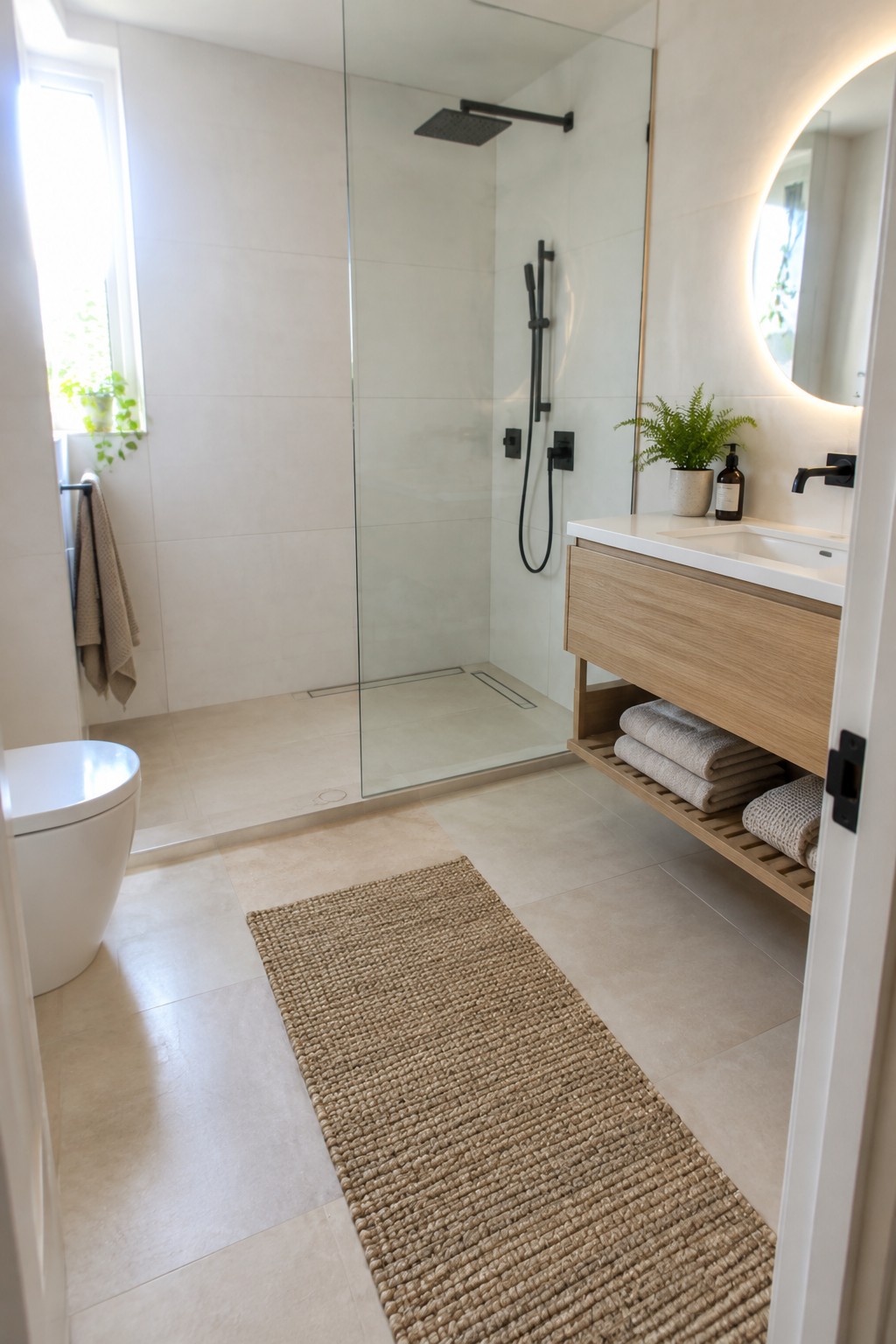 Modern bathroom with glass shower, floating wood vanity, round lit mirror, and woven rug