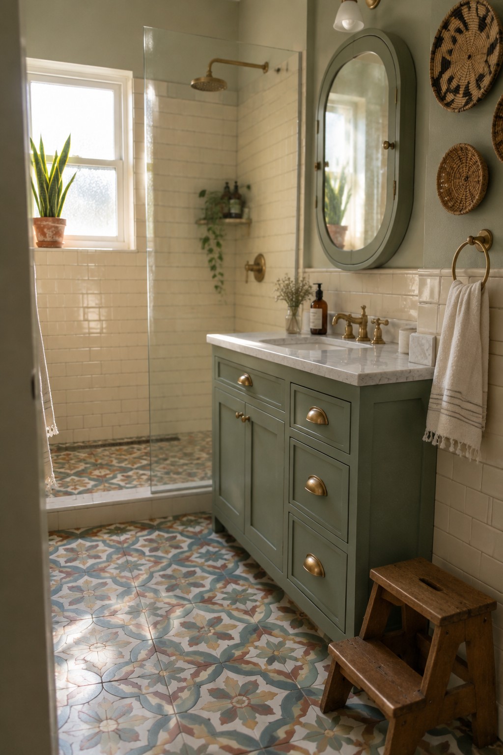 A bathroom with a green vanity, brass fixtures, a glass walk-in shower, and colorful patterned floor tiles that extend into the shower area.
