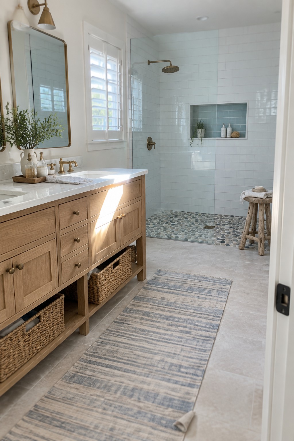 A modern bathroom featuring a light wood vanity with marble top, a walk-in shower with white subway tiles, blue niche, and pebble mosaic floor, plus a striped rug on the tile floor.