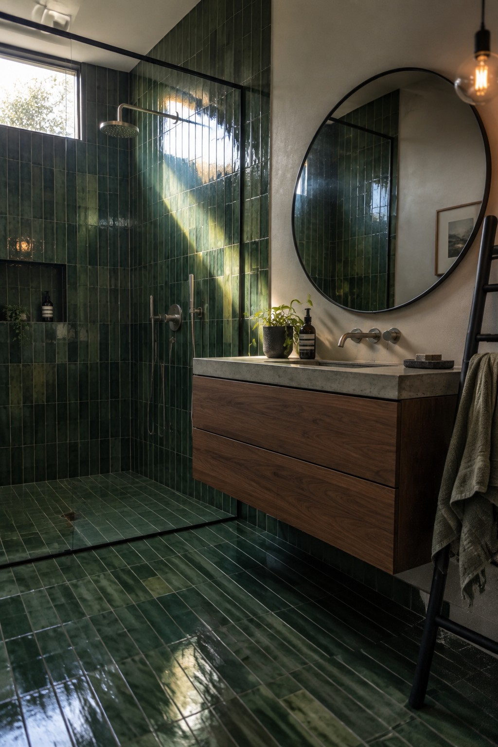 Modern bathroom with glossy green tiles, floating walnut vanity, and round mirror.