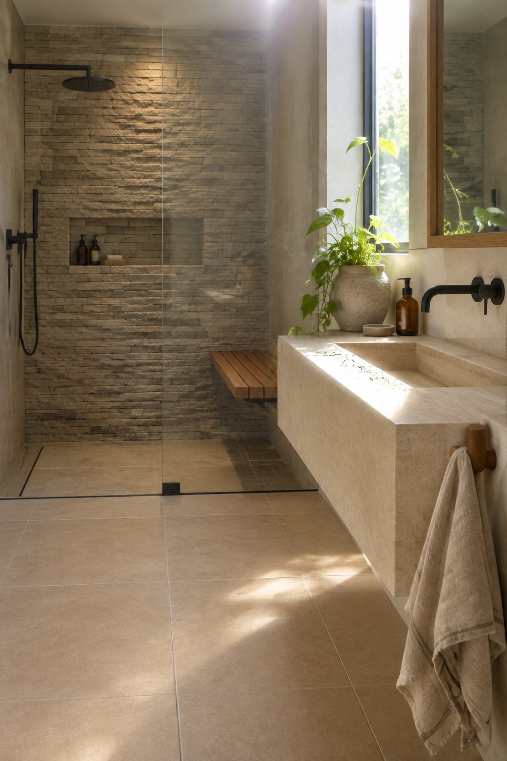A bathroom with a walk-in shower behind glass, stone tile walls, a built-in niche, a wooden bench, and a long floating stone vanity with a sink and black faucet.
