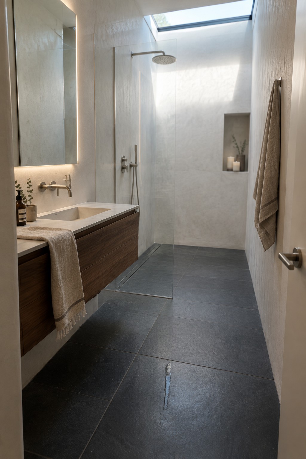 Modern bathroom with floating wood vanity, backlit mirror, glass shower, and skylight.