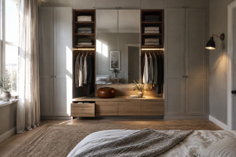 A bedroom featuring light gray full-height built-in wardrobes with open shelves, hanging rods, lower drawers, a central mirror, and a wooden bench below.
