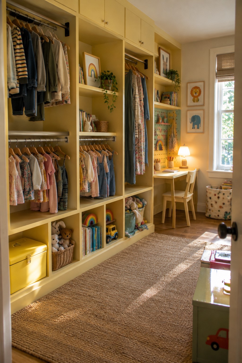 Yellow open closet filled with kids' clothes, books, toys in sunny room