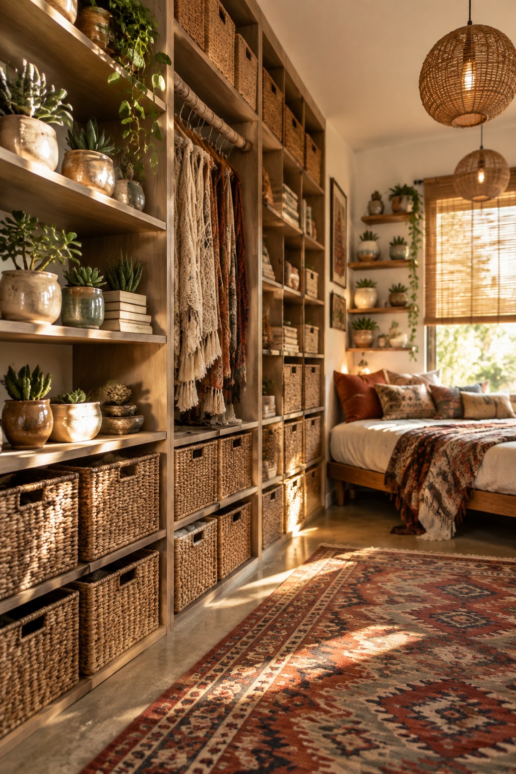 A bedroom with a tall wooden built-in wardrobe featuring open shelves, woven baskets, hanging textiles, and potted plants beside a bed with pillows and a patterned rug on the floor.